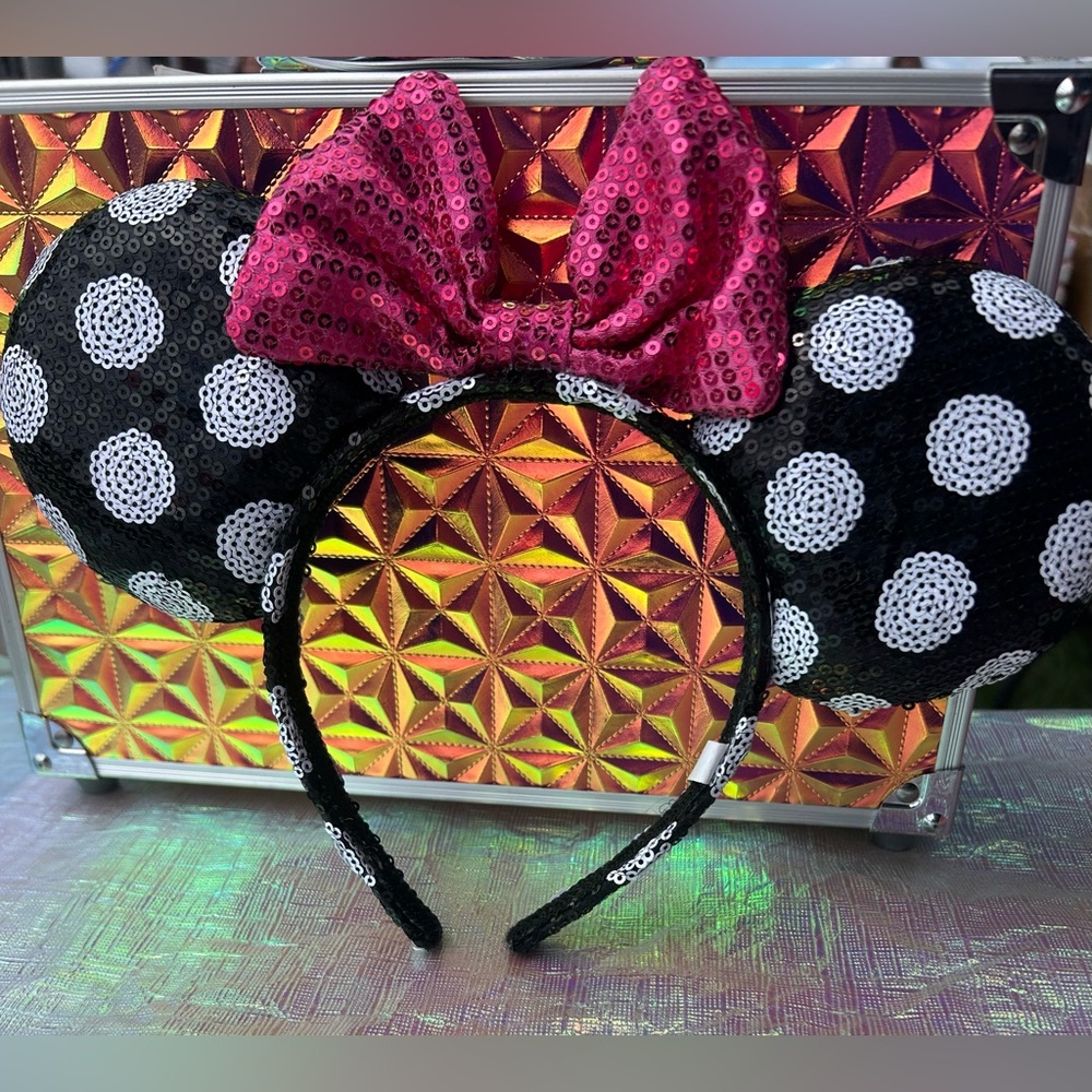 Disney Parks Minnie Ears Headband Sequin & Satin Pink Bow Bling